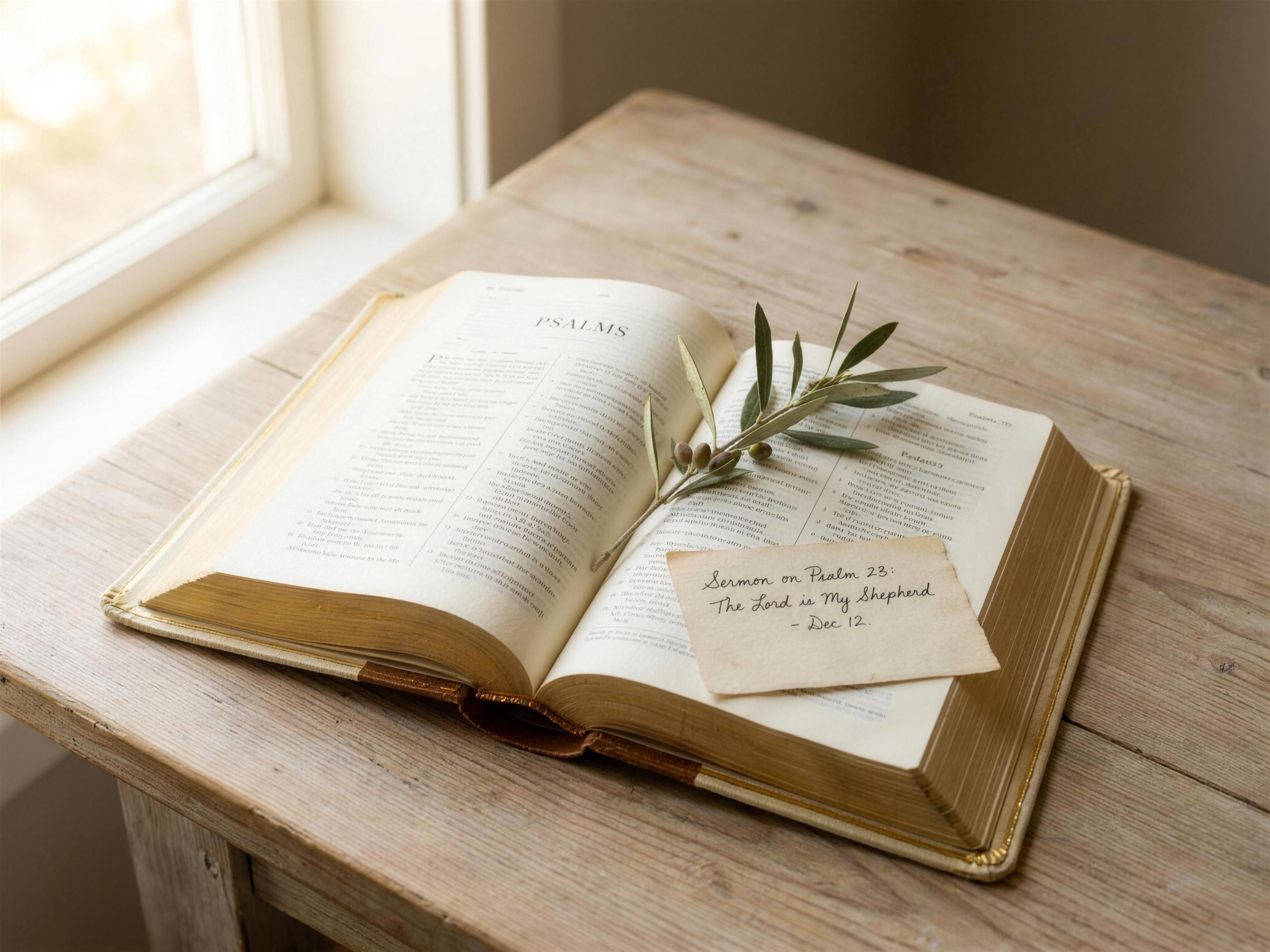 Bible opened to Psalms with handwritten sermon notes