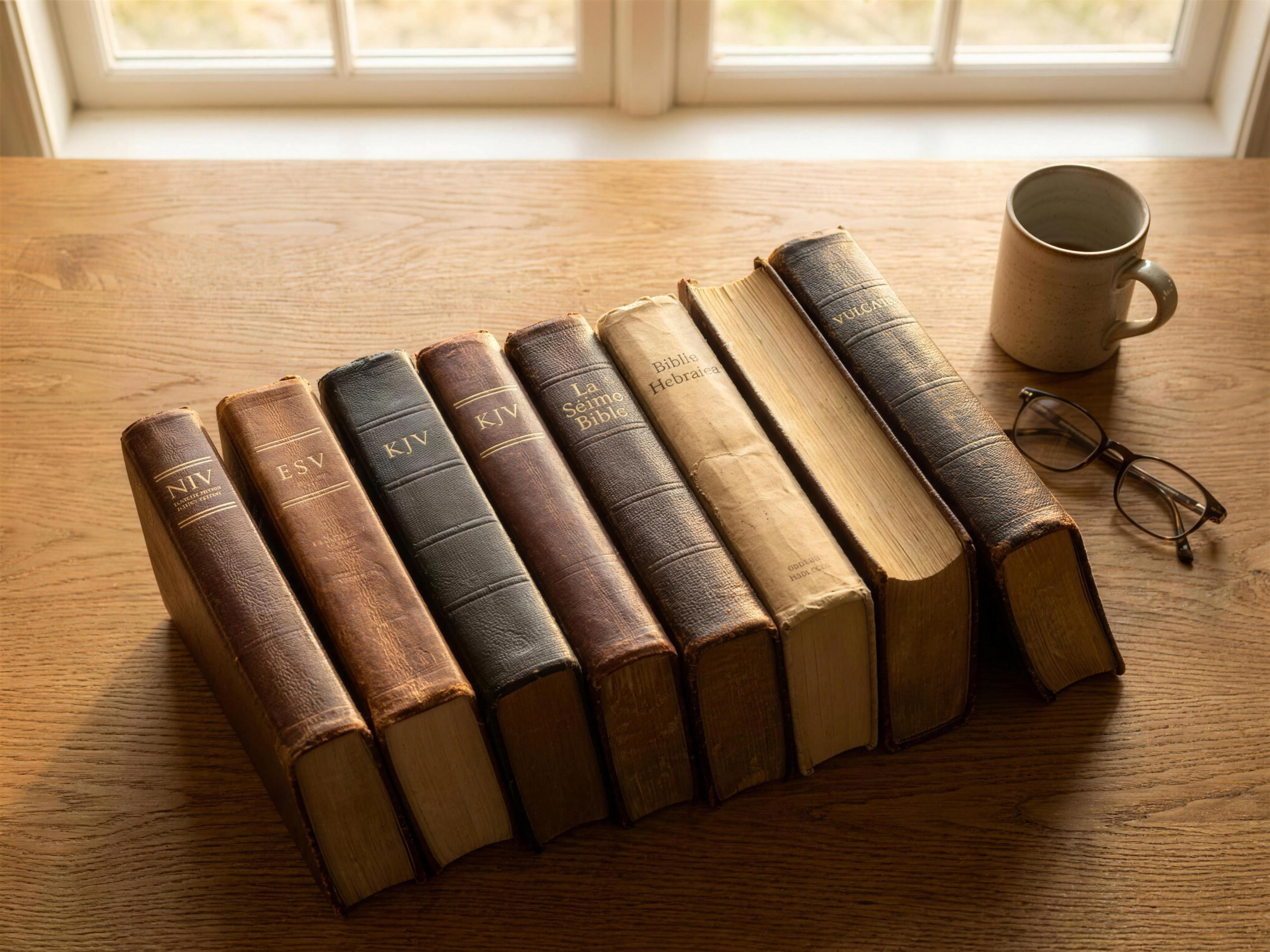 Multiple Bible translations fanned open on warm oak table