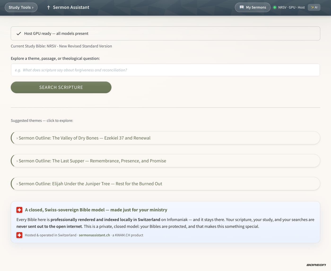Sermon Assistant app interface showing Scripture search and suggested sermon themes