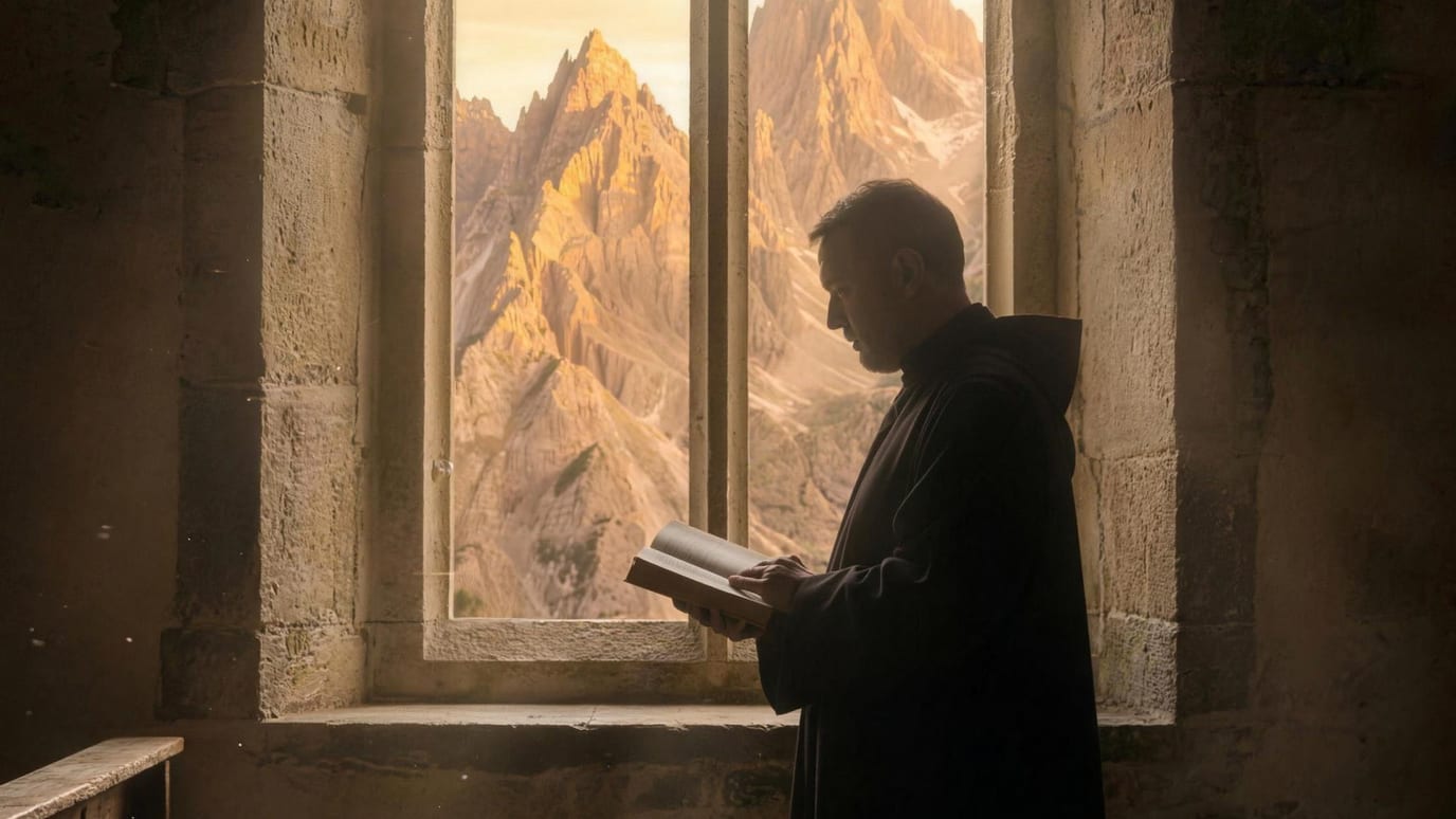 Pastor at a sunlit desk with open Bible, preparing Sunday's sermon